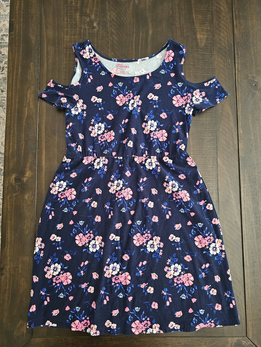 Epic Threads Navy Cold-Shoulder Floral Dress with Pink Flowers